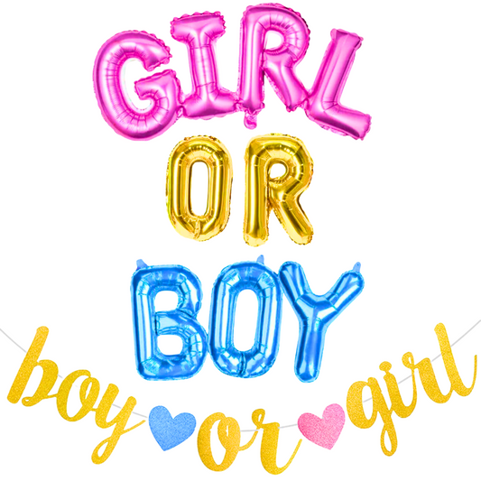 Gender Reveal "GIRL OR BOY" Balloon & Gold Banner Bundle