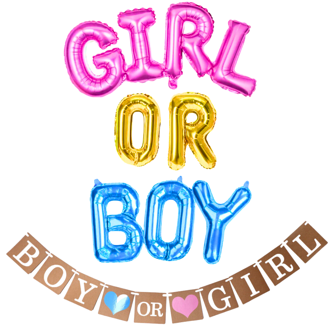 Gender Reveal "GIRL OR BOY" Balloon & Rustic Banner Bundle