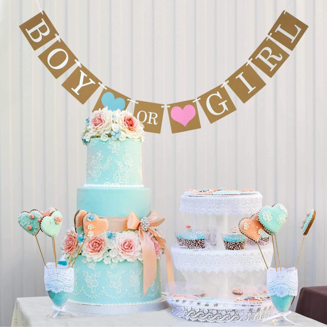 Boy or Girl Rust Banner hanging in baby shower party