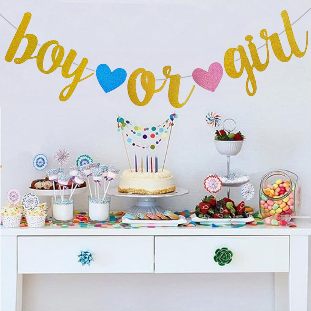 "Boy Or Girl" Banner at gender reveal celebration