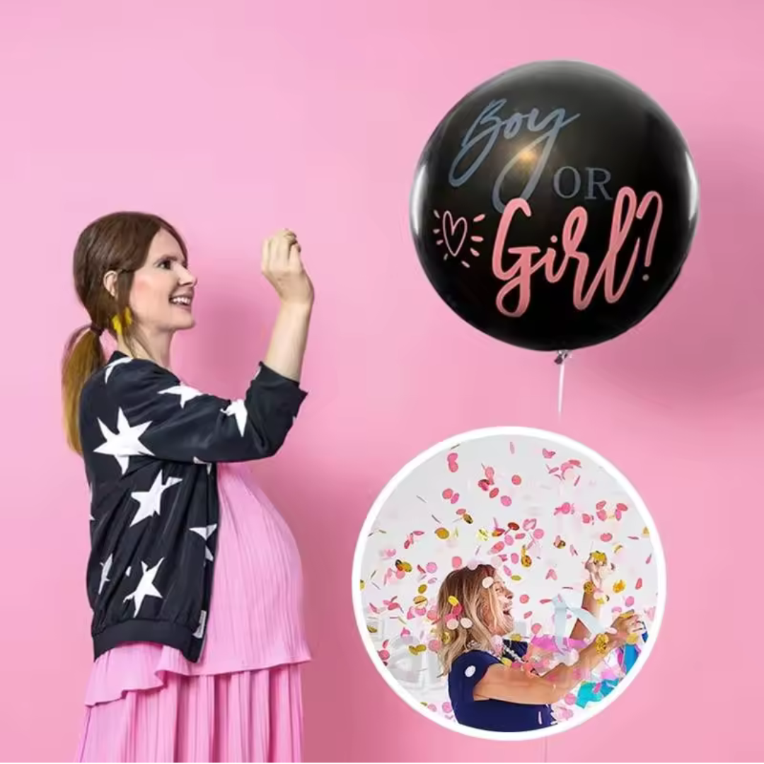 Pregnant woman preparing to pop Gender Reveal Balloon with ‘Boy or Girl?’ text, releasing confetti for gender reveal party