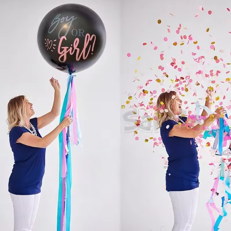 Woman popping Gender Reveal Balloon with ‘Boy or Girl?’ text, releasing pink and gold confetti