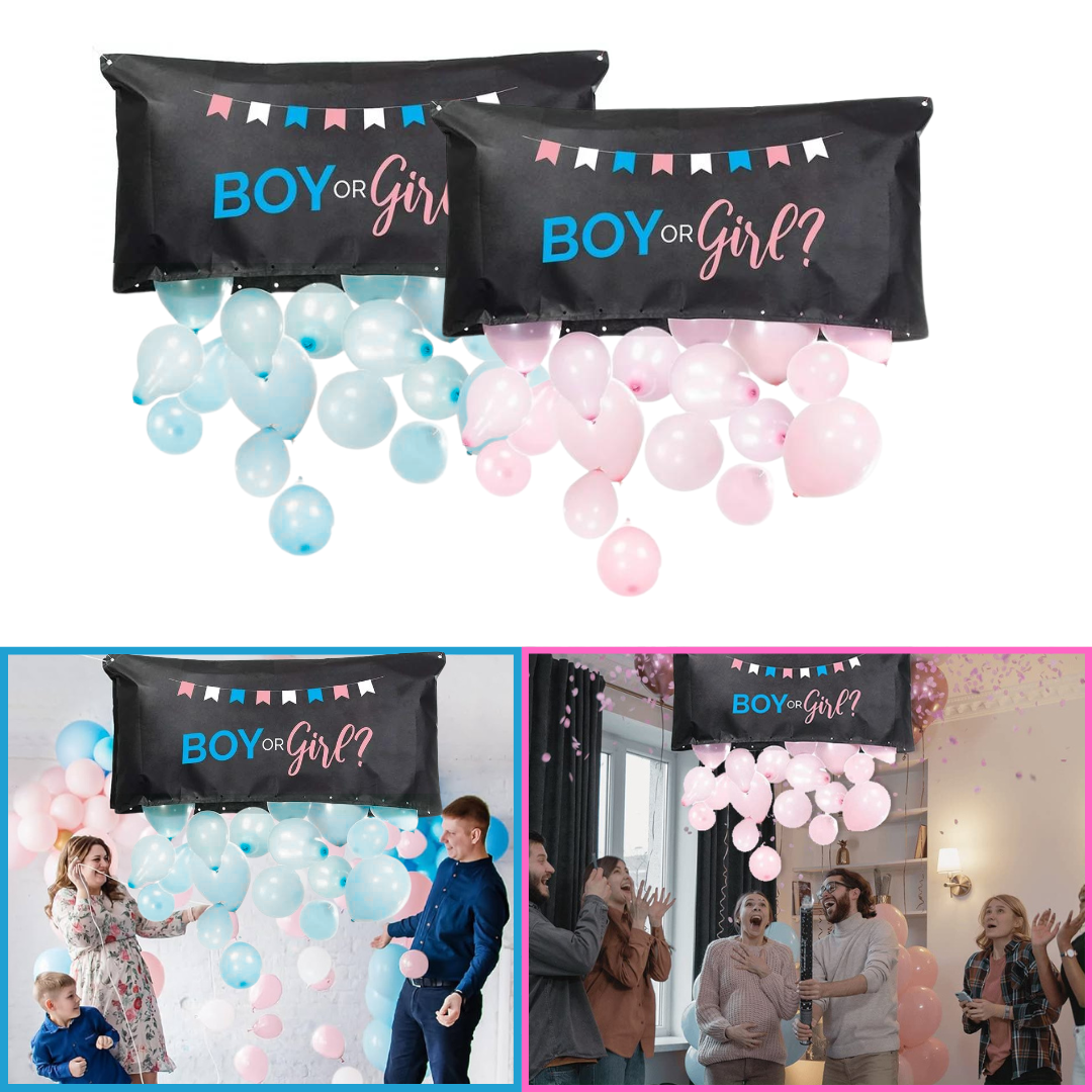 Boy or Girl? gender reveal balloon drop bag with blue and pink balloons, used in gender reveal celebrations