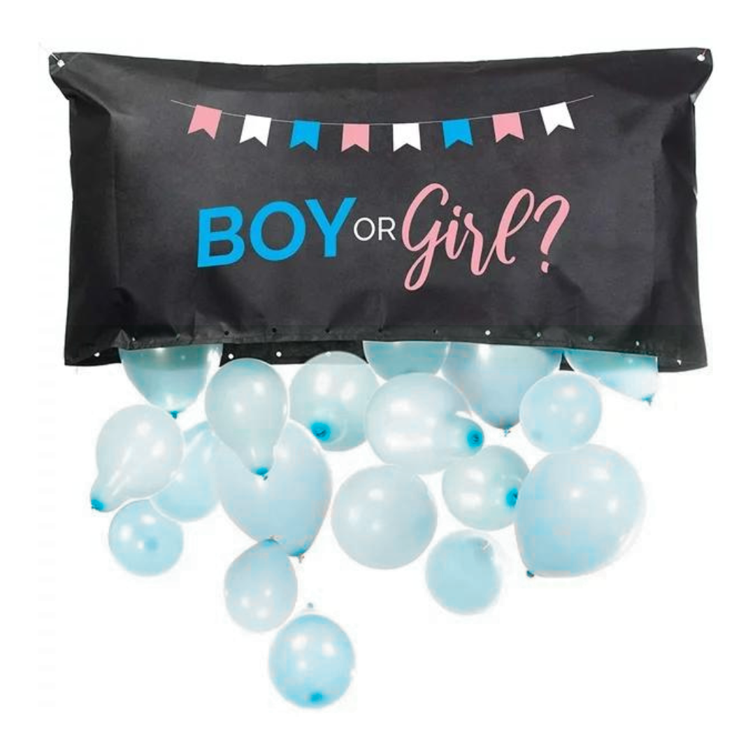 Boy or Girl? gender reveal balloon drop bag with blue balloons.