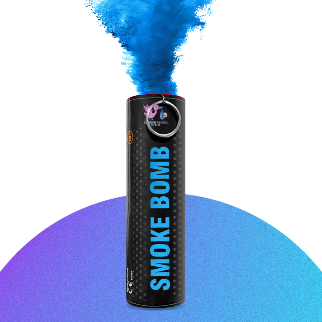 Blue gender reveal smoke bomb with pink smoke coming out for gender reveal party