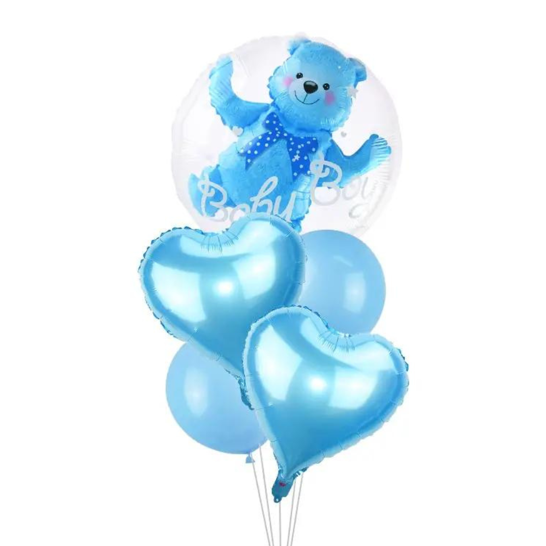 Blue Baby Boy balloon set with teddy bear and heart-shaped balloons for gender reveal and baby shower