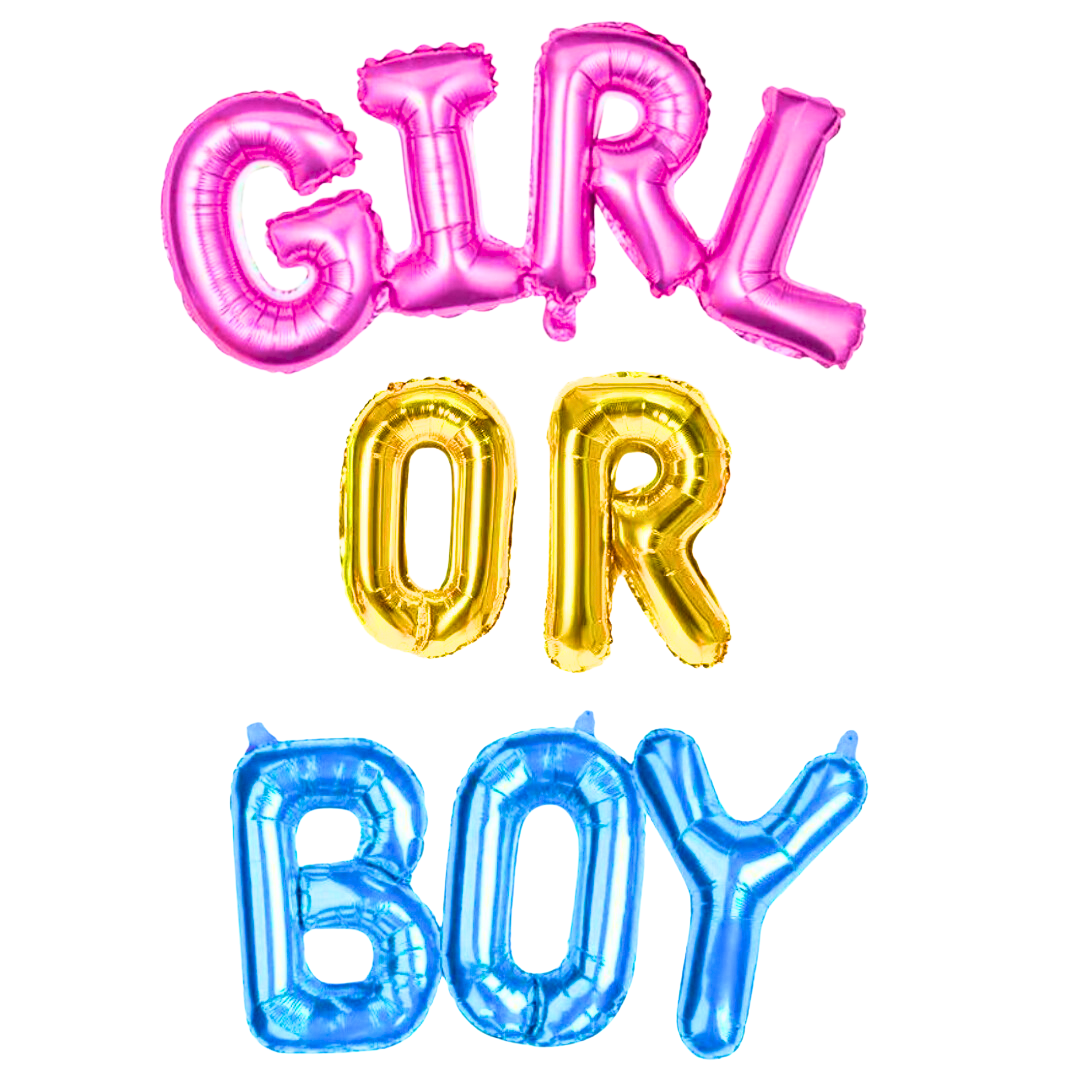 Girl or Boy foil balloon set in pink, gold, and blue for gender reveal decorations