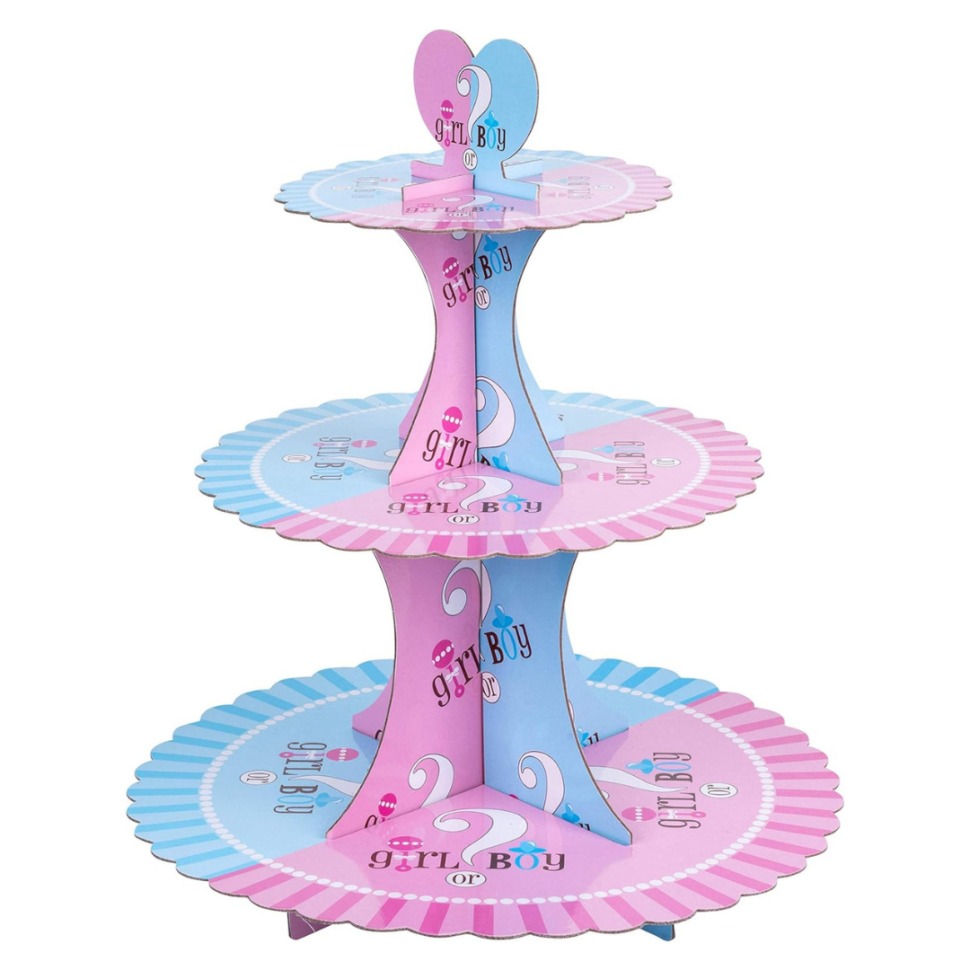 Pink and blue three-tier gender reveal cupcake stand with ‘Boy or Girl?’ design.