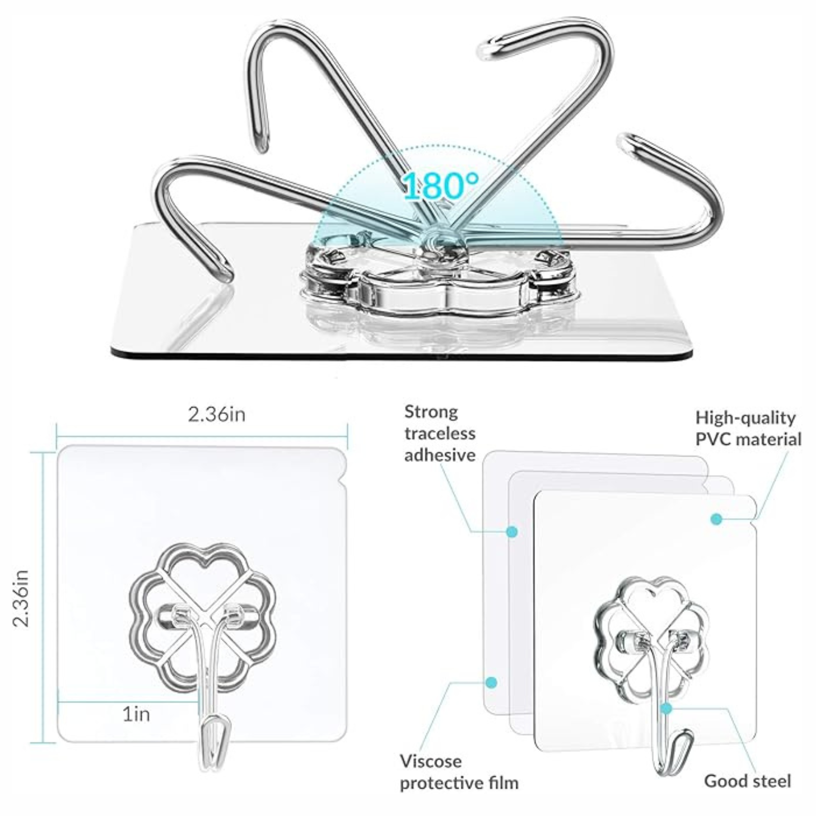 Adhesive wall hook with strong traceless adhesive, 180-degree rotation, high-quality PVC material, and viscose protective film. Dimensions: 2.36 inches square, made with good steel for durability.