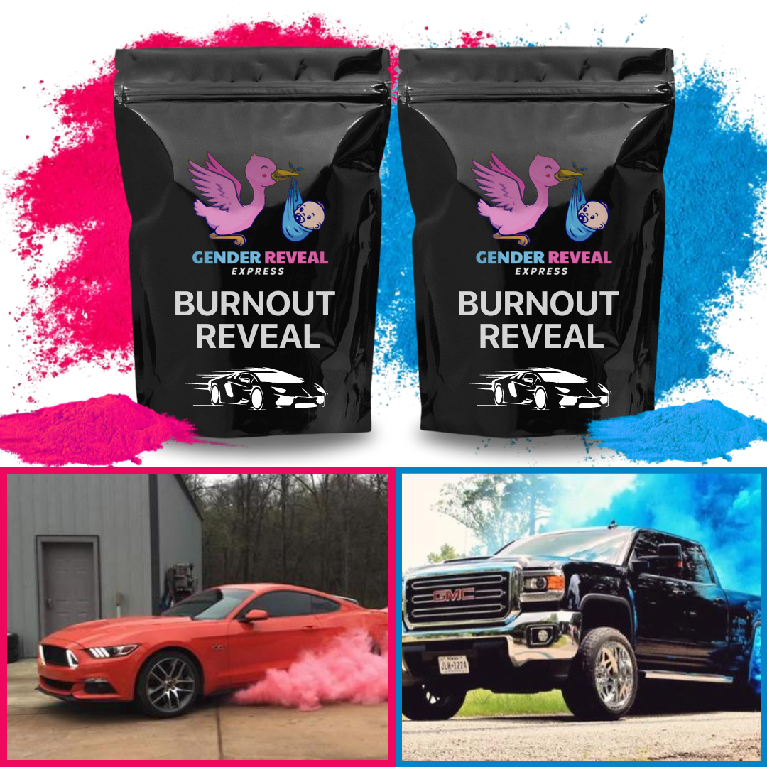 Gender Reveal Burnout Reveal bags with pink and blue powder, alongside images of cars performing burnouts with pink and blue smoke