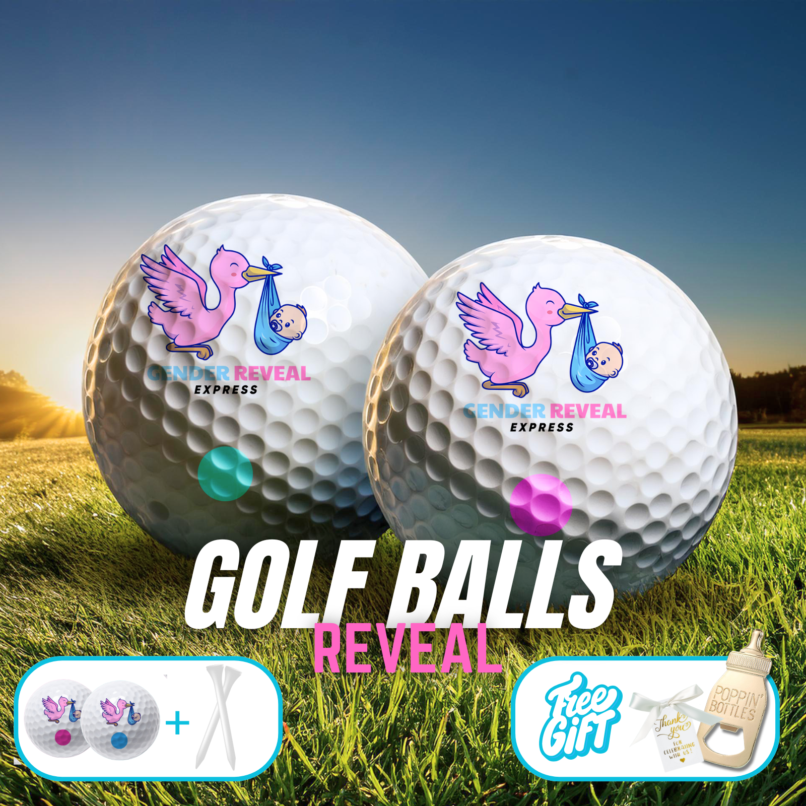 Gender Reveal Golf Balls with pink and blue powder