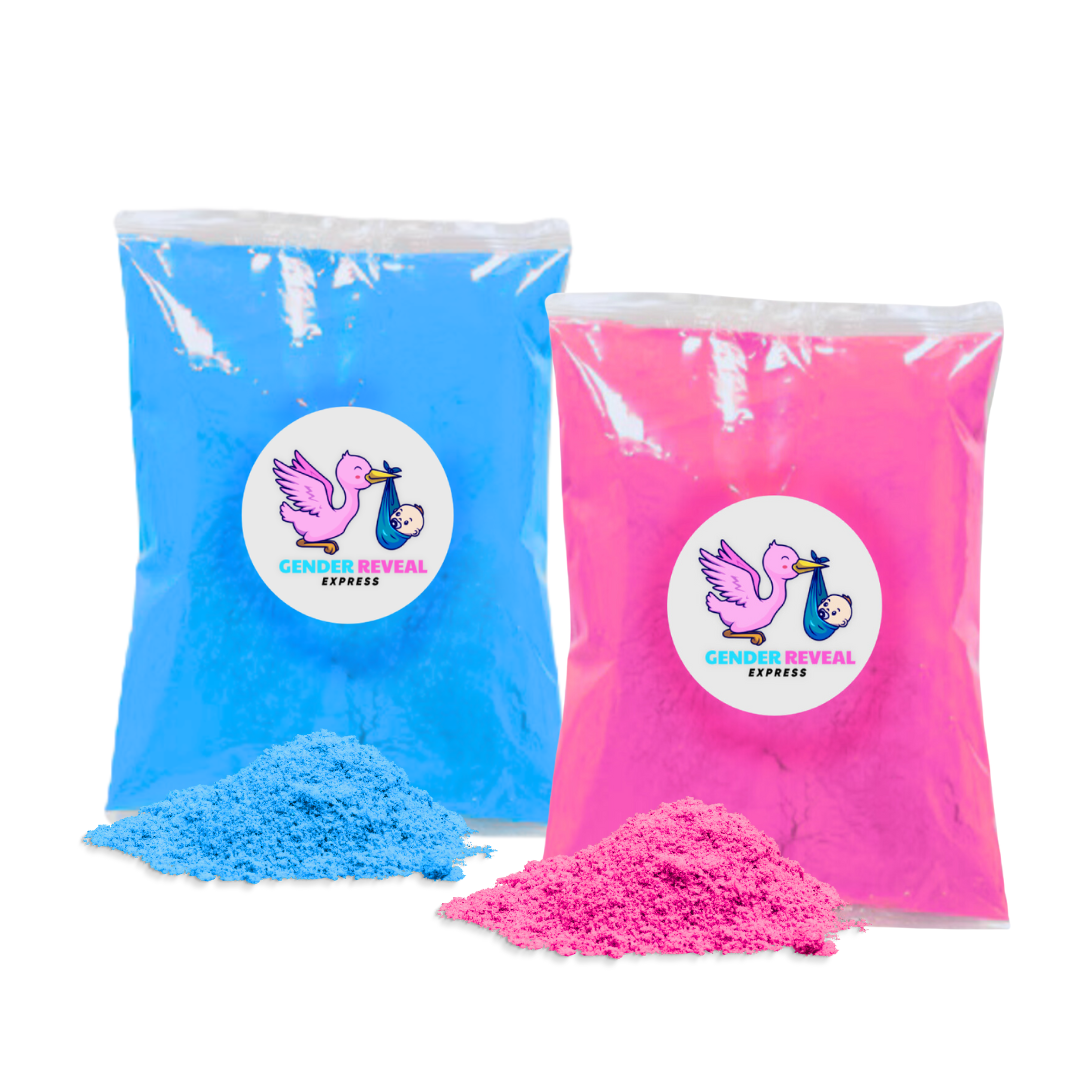 Gender Reveal Holi Powder 150g packs in pink and blue for reveal events