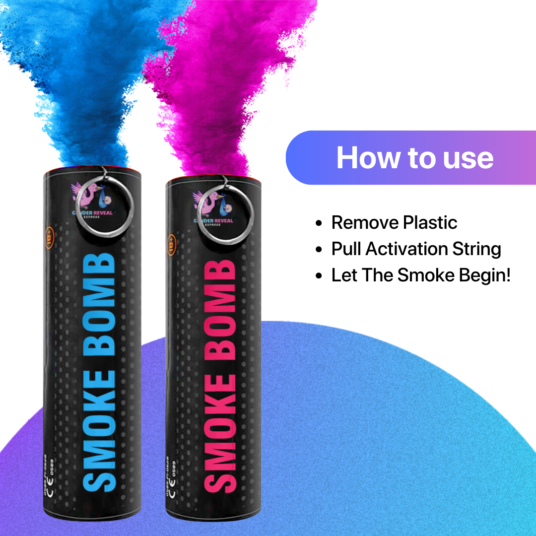 Two gender reveal smoke bombs, one blue and one pink, with smoke coming out, alongside instructions on how to use: Remove plastic, pull activation string, let the smoke begin.