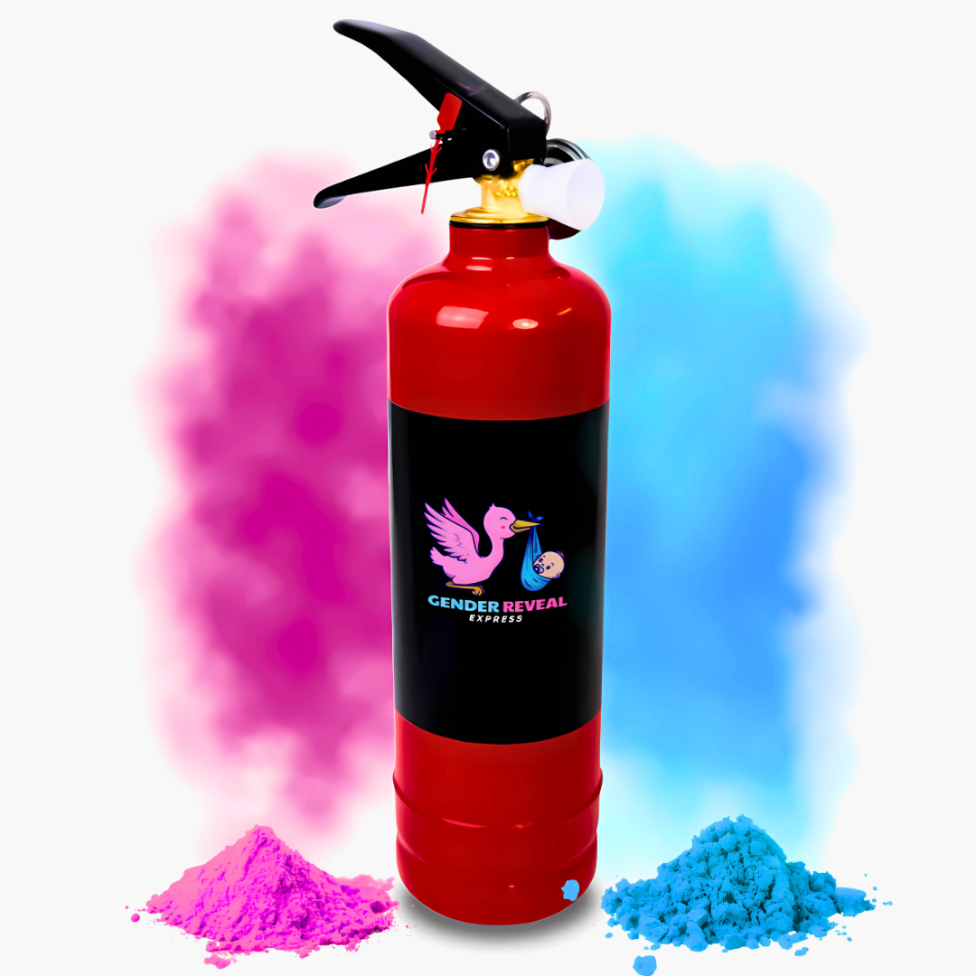 Gender reveal extinguisher with pink and blue powder clouds, featuring a stork logo and powder piles representing baby boy or girl announcement