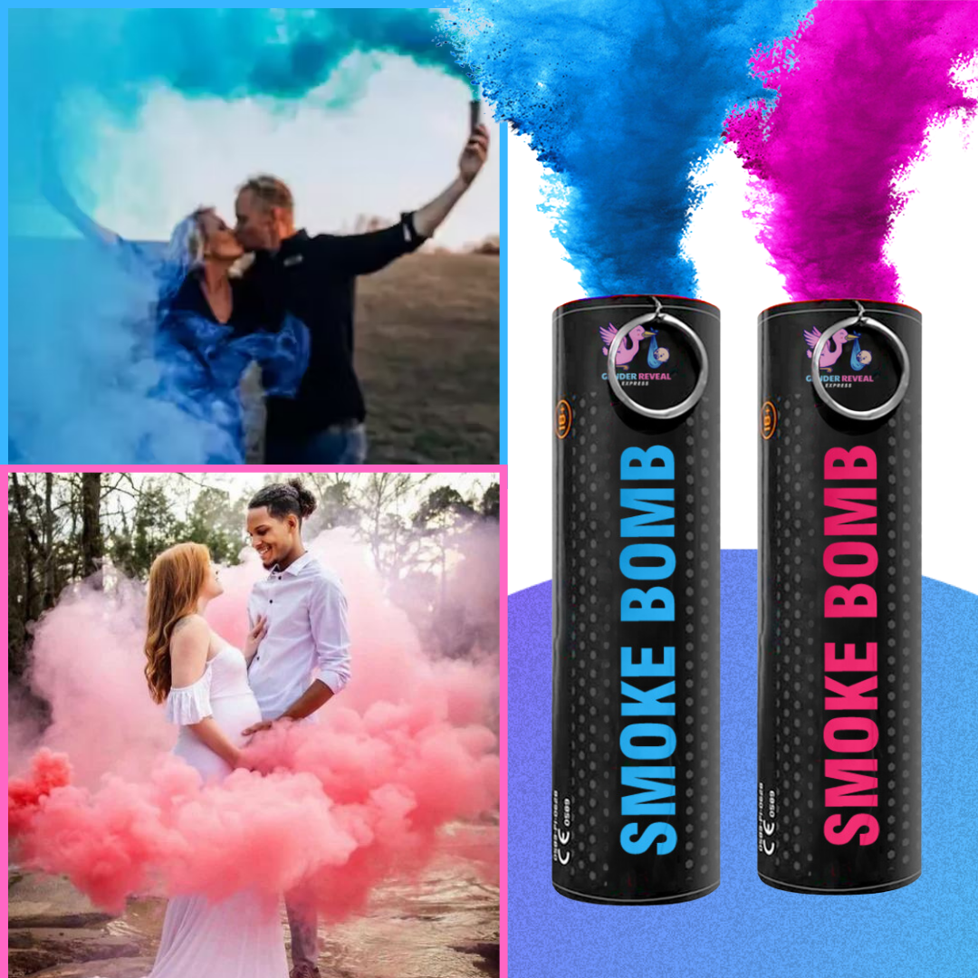 Gender Reveal Smoke Bomb/Emitter in blue and pink colours, with couples celebrating amidst smoke clouds