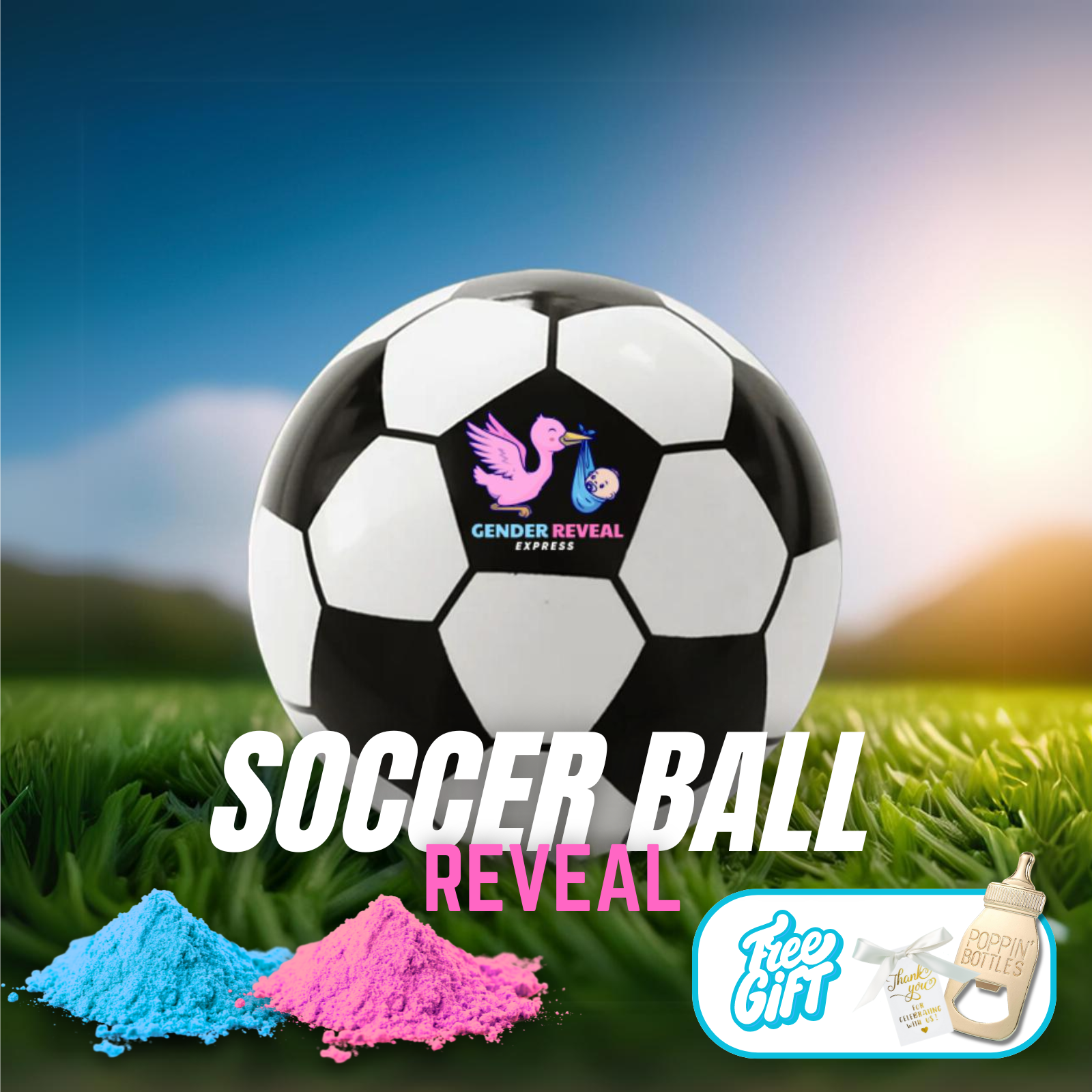 Gender Reveal Soccer Ball with pink and blue powder for reveal events