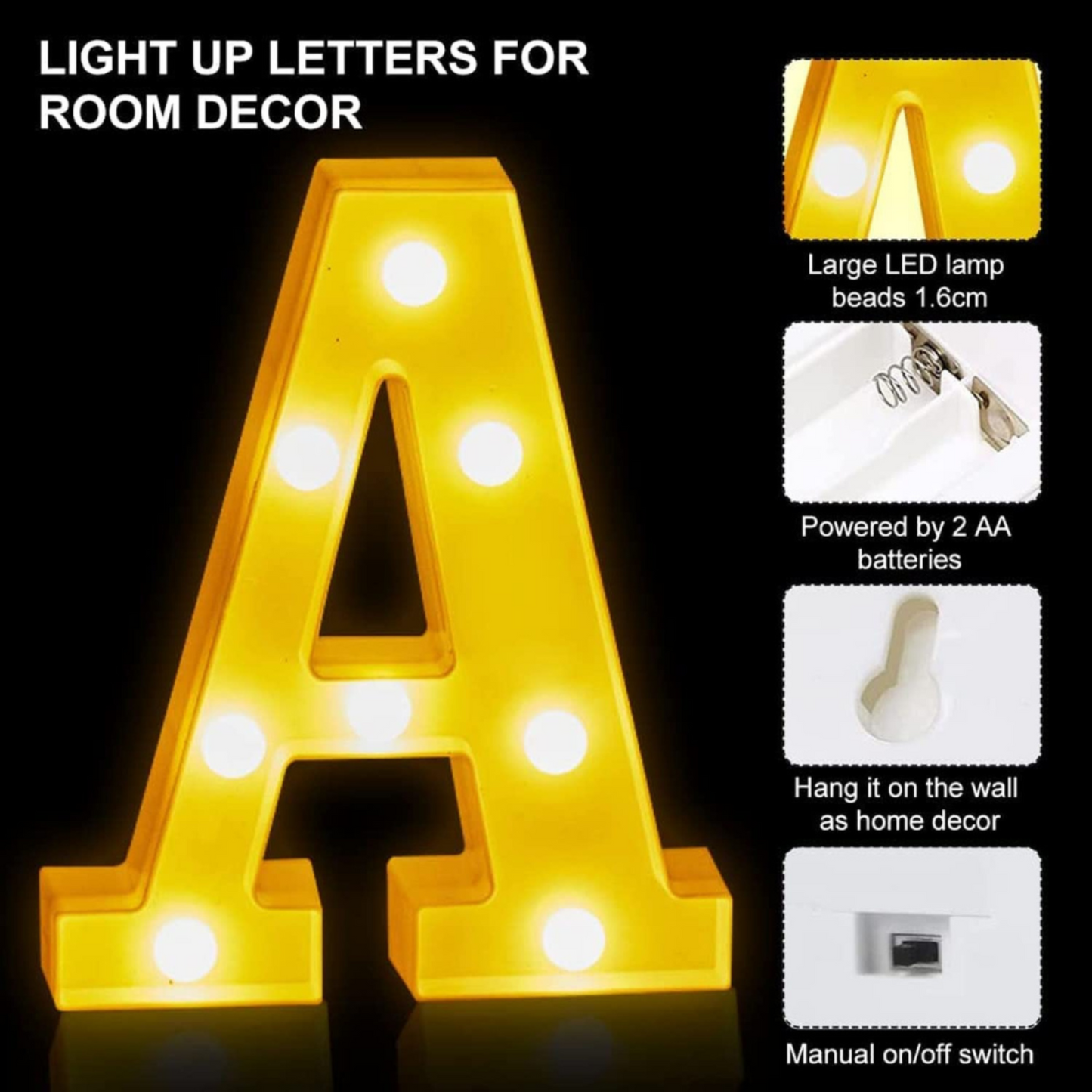 Illuminated letter ‘A’ for room decor with LED lights, battery-operated, wall-mountable, and manual on/off switch.