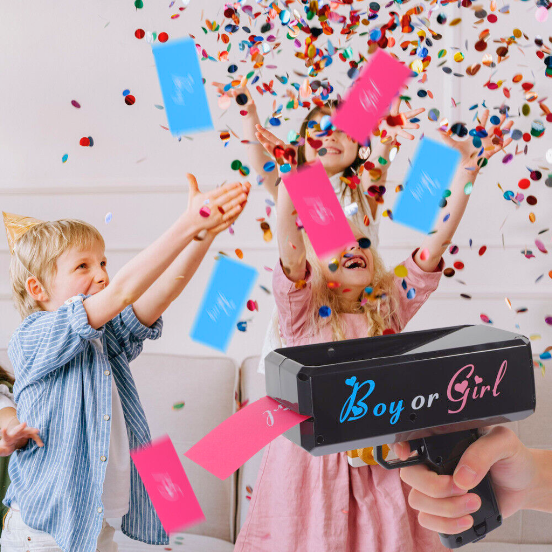 Family Celebrating with Gender Reveal Money Gun