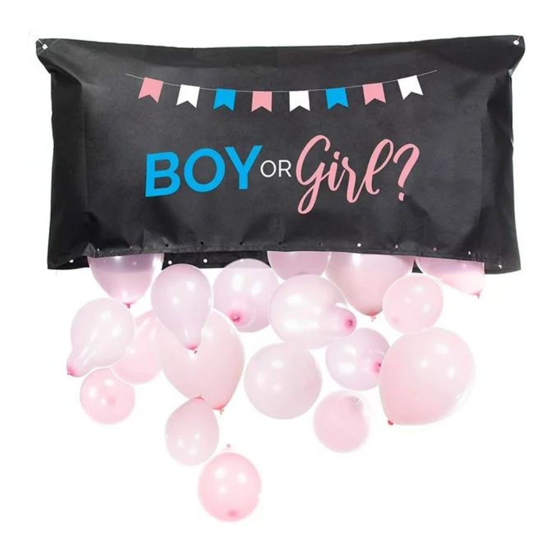 Boy or Girl? gender reveal balloon drop bag with pink balloons.