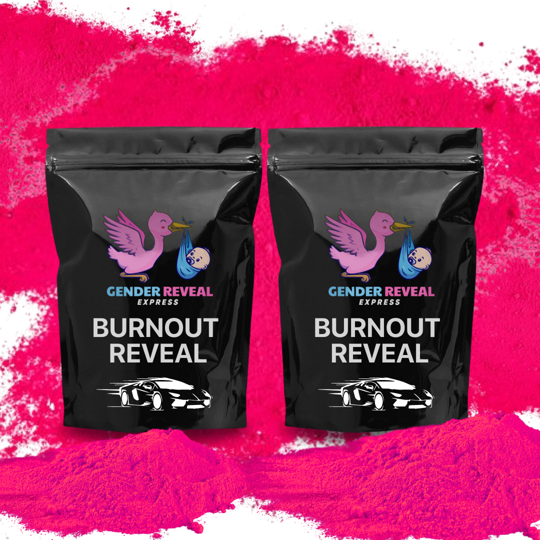 Gender Reveal Burnout Reveal bags with pink powder background, featuring the Gender Reveal Express logo and car graphics