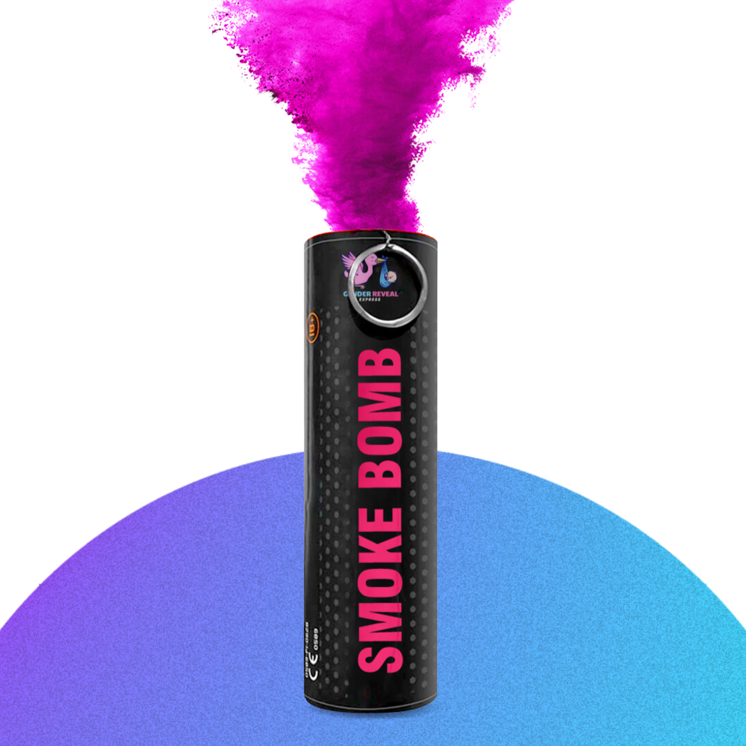 Pink gender reveal smoke bomb with pink smoke coming out for gender reveal event