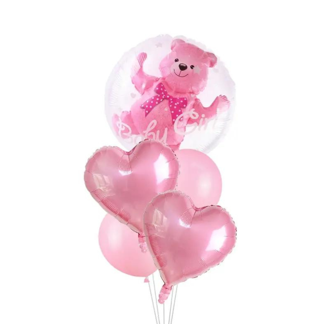 Pink Baby Boy balloon set with teddy bear and heart-shaped balloons for gender reveal and baby shower