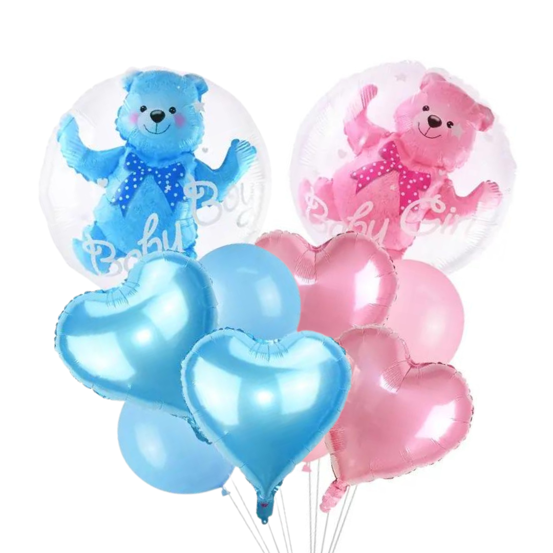 Gender Reveal Balloon Set with blue and pink teddy bear and heart-shaped balloons for baby boy and girl reveal