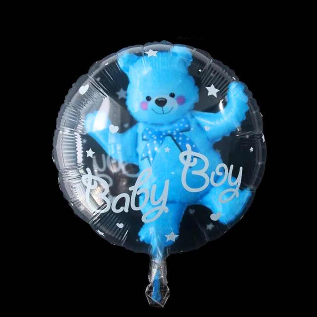 Blue Baby Boy teddy bear balloon for gender reveal and baby shower celebrations