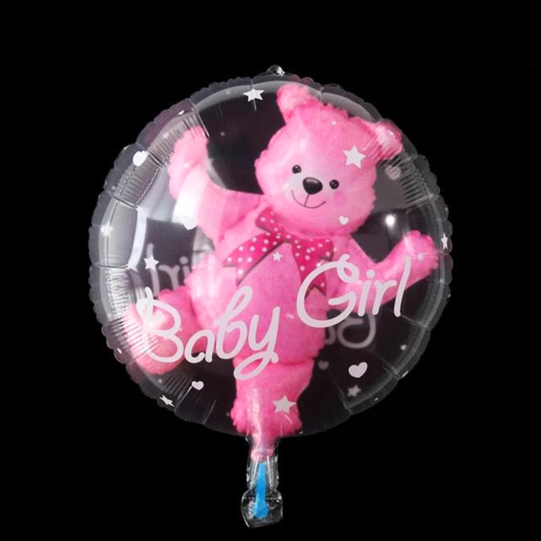 Pink Baby Boy teddy bear balloon for gender reveal and baby shower celebrations