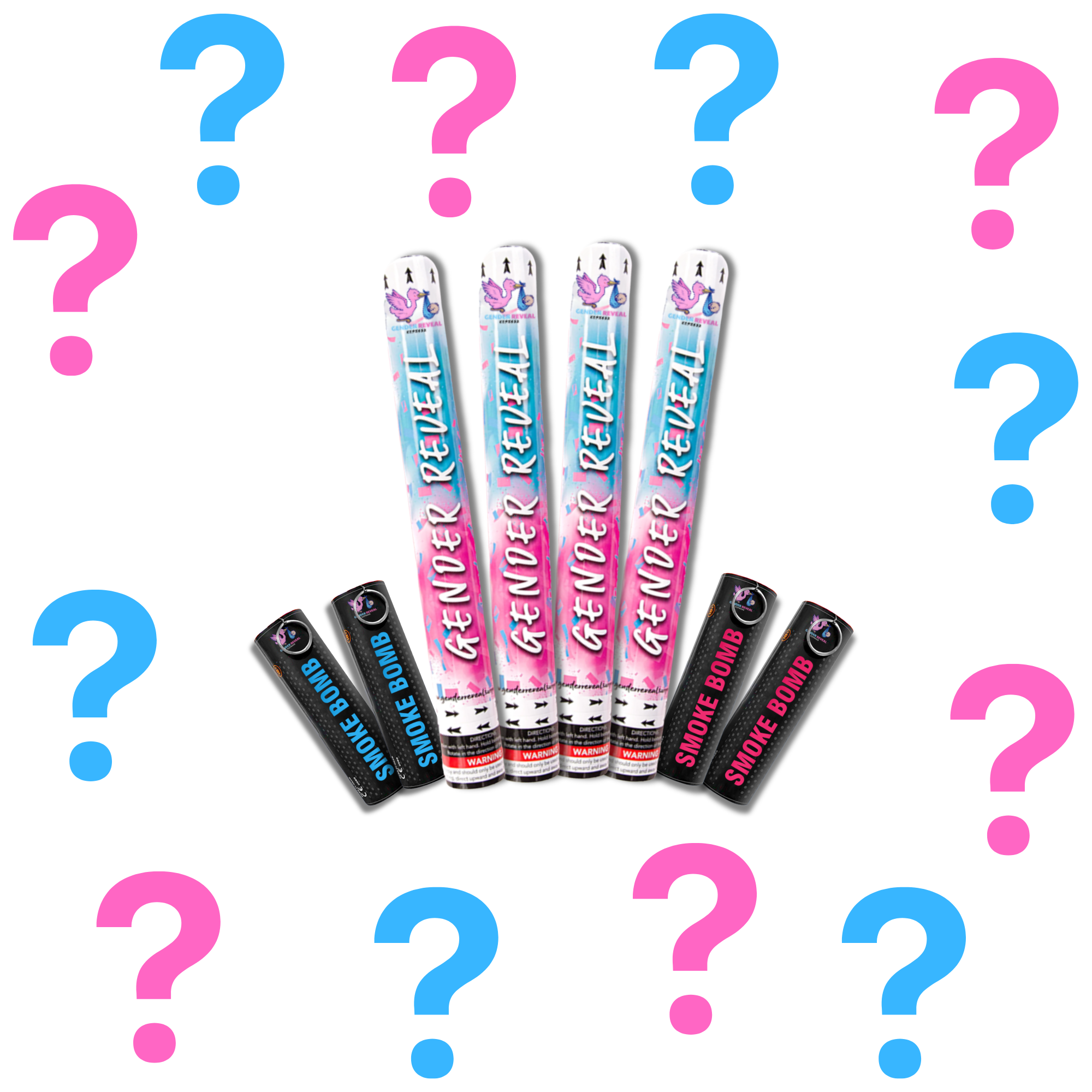 Surprise Gender Reveal cannon with smoke bomb bundle, vibrant and stylish for gender reveal party.